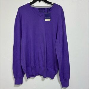 Alan Flusser Men's V Neck Pullover Sweater Purple Large Cotton Silk Cashmere NWT